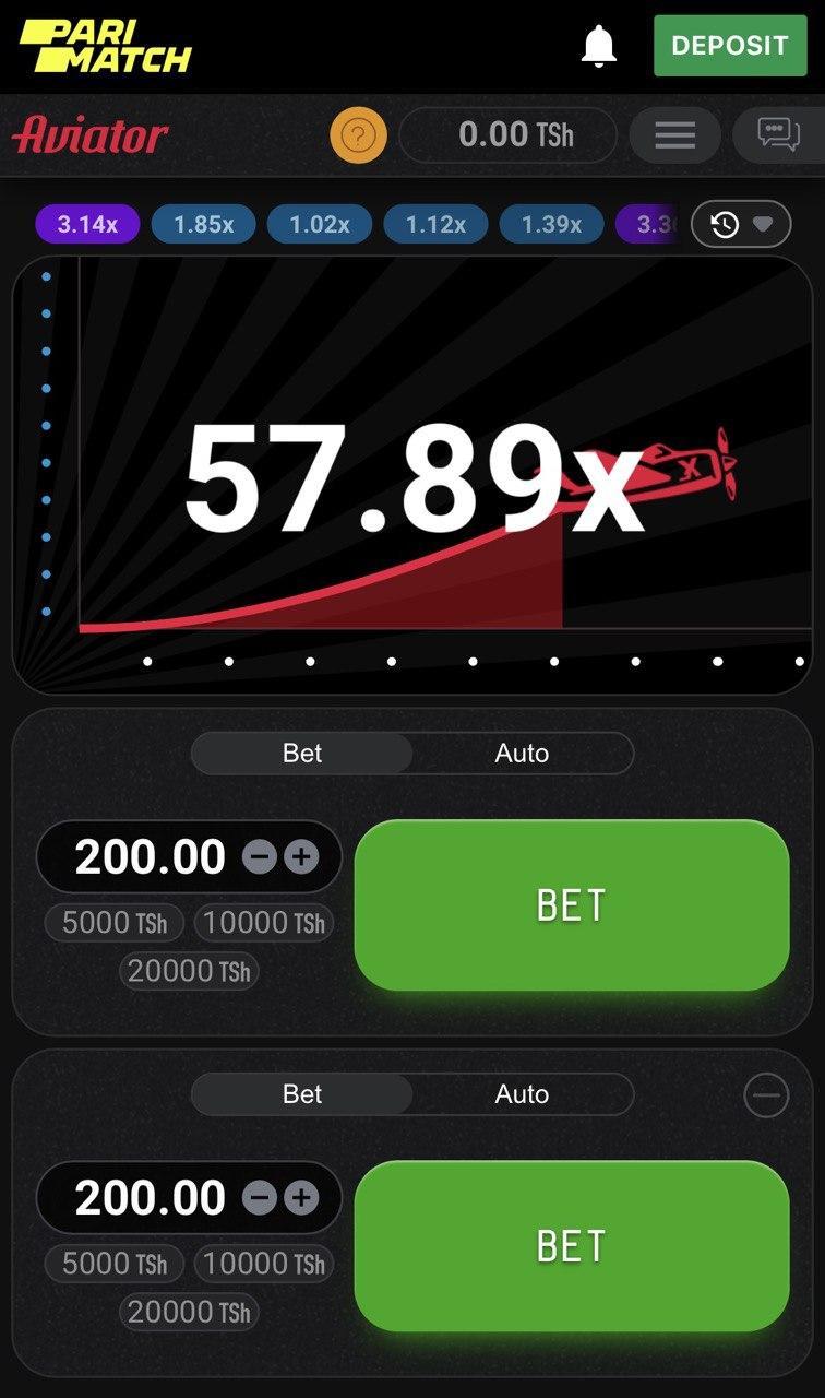 Aviator game on mobile, multiplier showing 57.89x