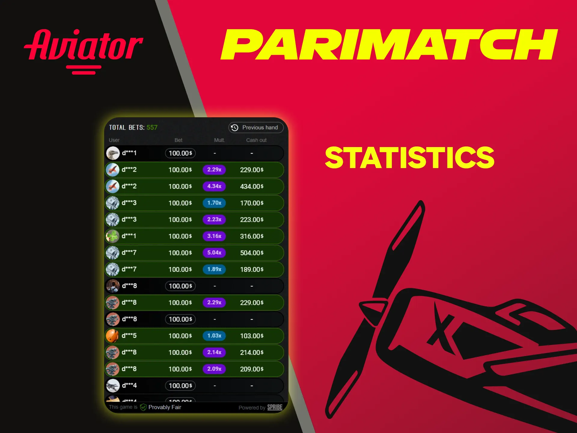 Aviator live statistics on Parimatch showing 557 total bets in current round
